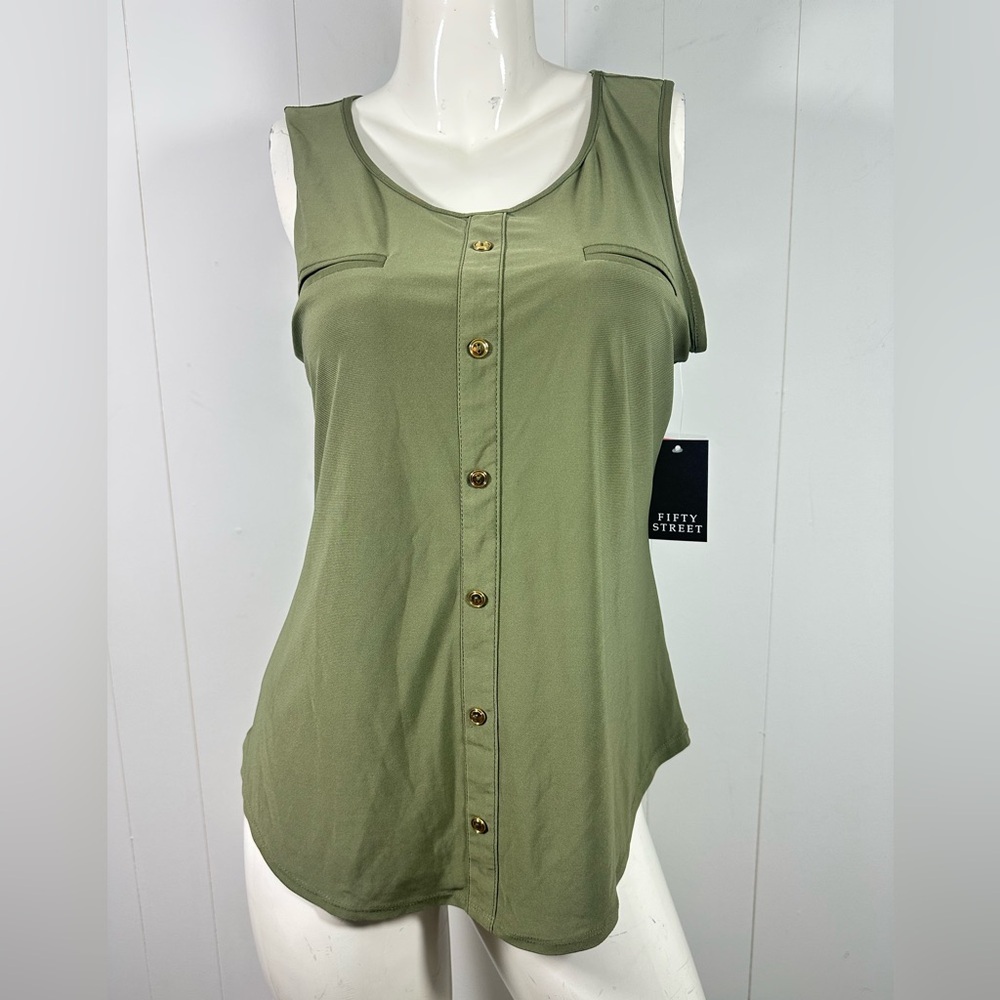 NWT Fifty Street Sz L Women Green Faux Button Front Blouse Shirt Sleeveless Tank